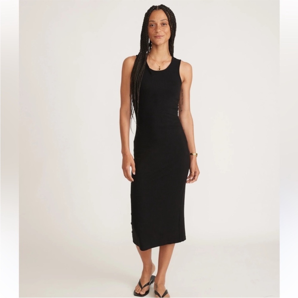 Marine Layer Lexi daytime lined tank split hem S Black Ribbed Sheath Midi Dress - Picture 2 of 9